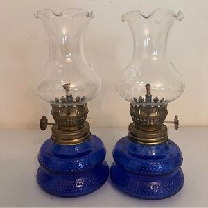 Vintage Cobalt Blue Hobnail Oil Lamps (Pair)
